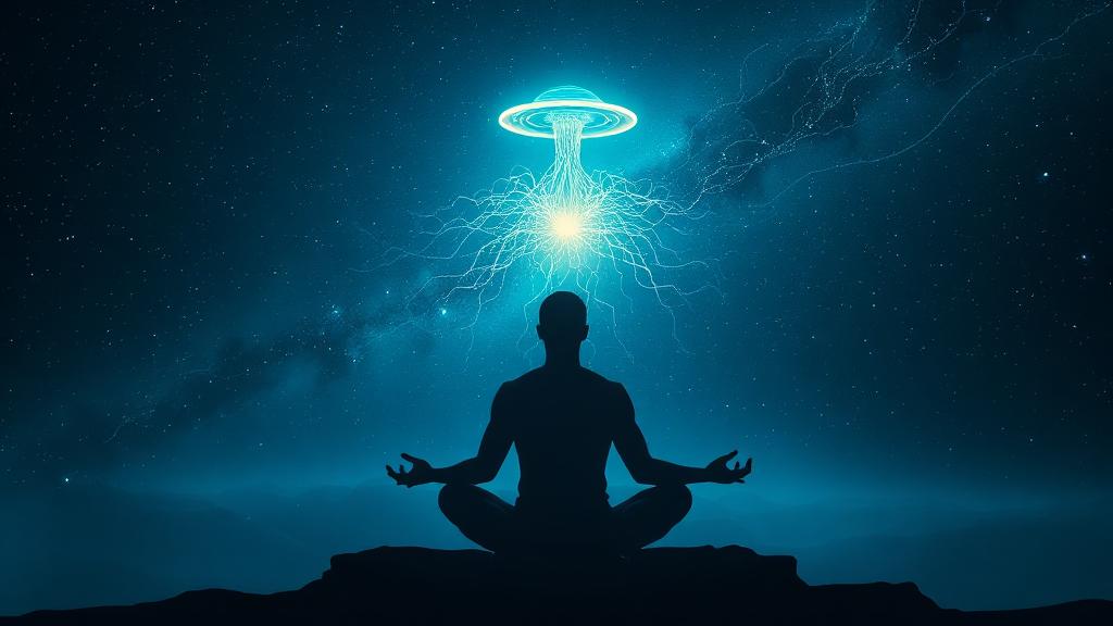 Meditating figure with neural network expanding into a starfield