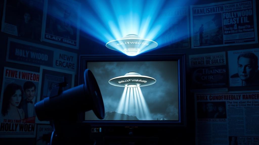 Vintage Hollywood projector and media collage with UFO imagery
