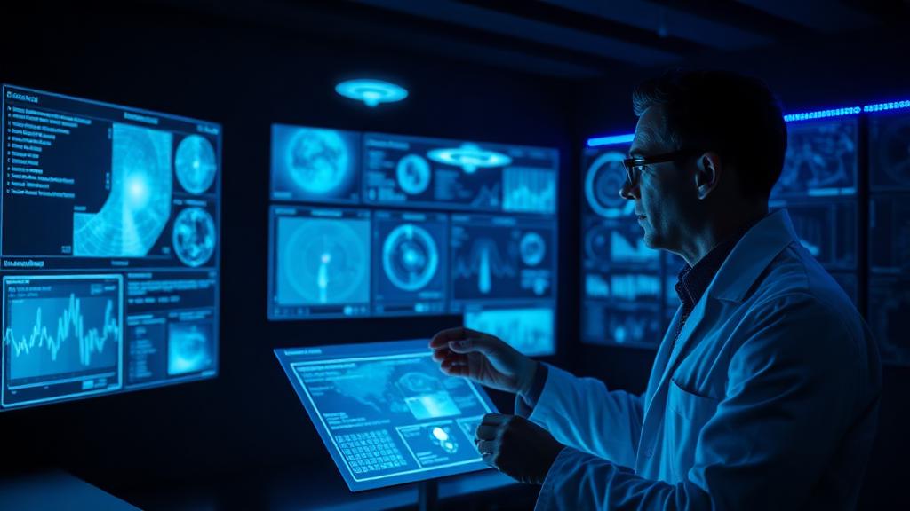 Researcher examining holographic UFO data displays